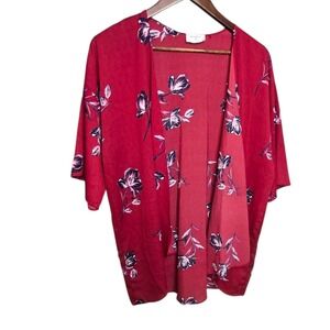 Everly Red Floral Open Front‎ Kimono Short Sleeve Boho Top Size S